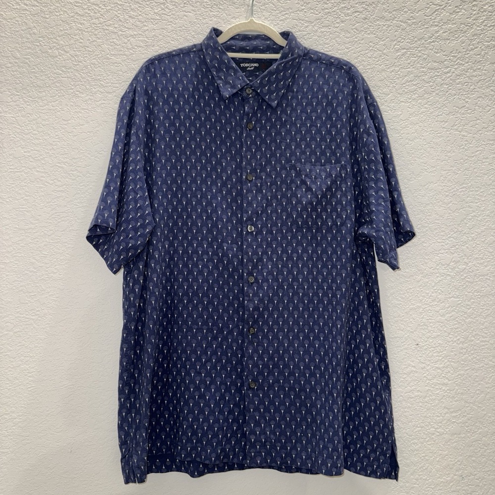 Toscano Mens XL Blue Geometric Print Button Up Shirt Short Sleeve Silk Dad core